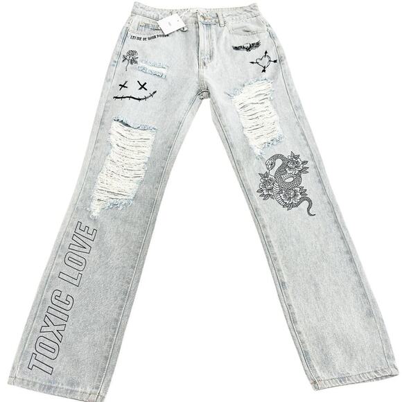 Adika Light Wash Tatto Ripped Graphic Denim Jean Zip Fly Straight Leg Size M NWT - Picture 2 of 10